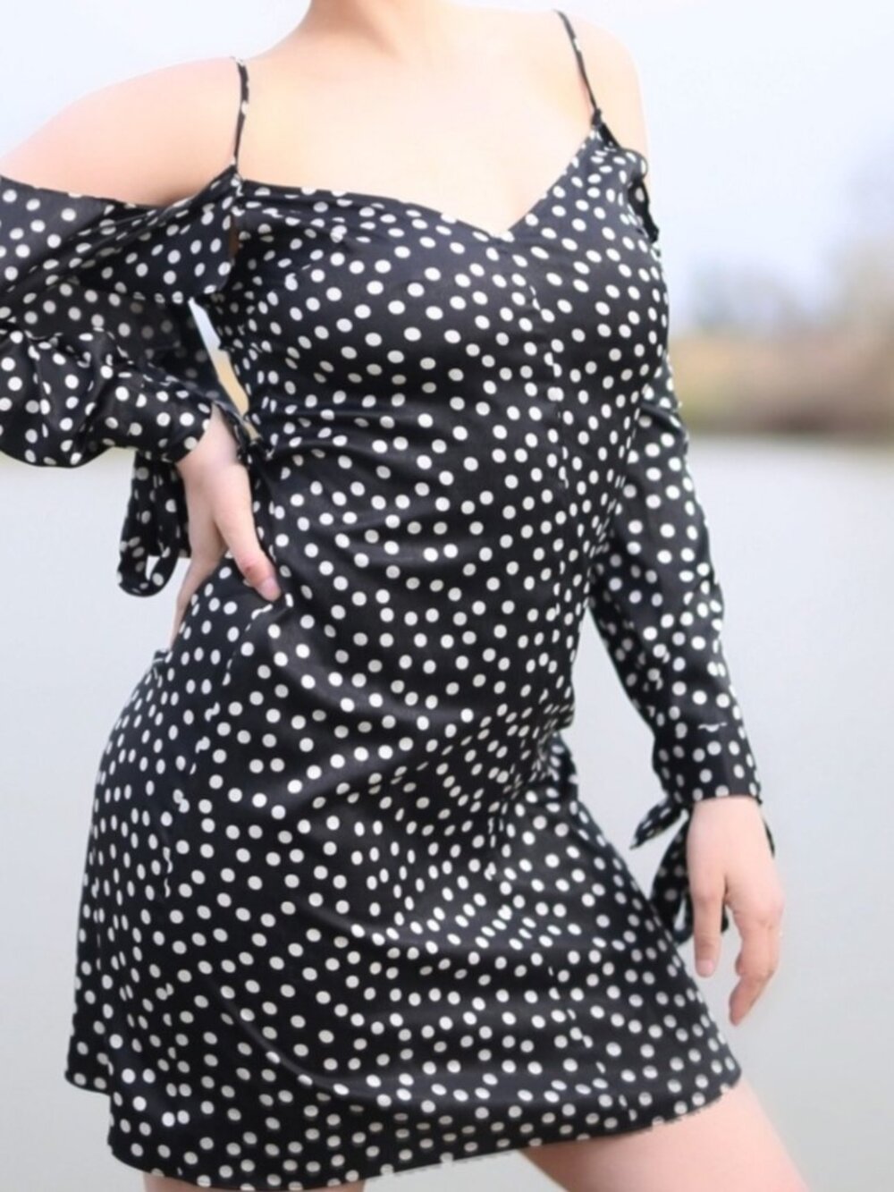 Black and White Polka Dot Summer Dress Mini Strappy Off Shoulder Sleeves Light